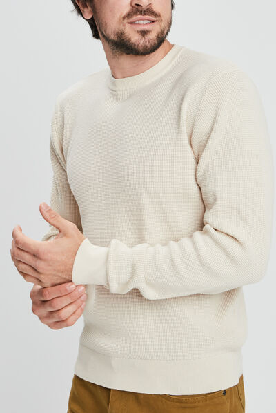 Pull avec col rond à relief creme homme