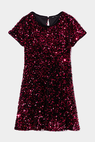 Robe trapèze à sequins manches courtes rose fushia fille