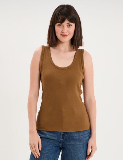 D&eacute;bardeur ajust&eacute; col rond coton beige femme