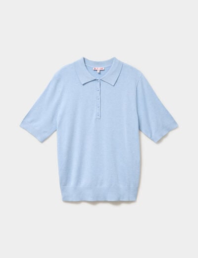 Pull col polo manches courtes bleu femme
