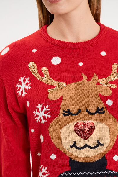 Pull de No&euml;l &agrave; sequins manches longues rouge femme