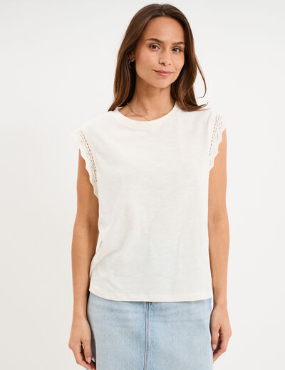 D&eacute;bardeur emmanchures &agrave; dentelle coton ecru femme