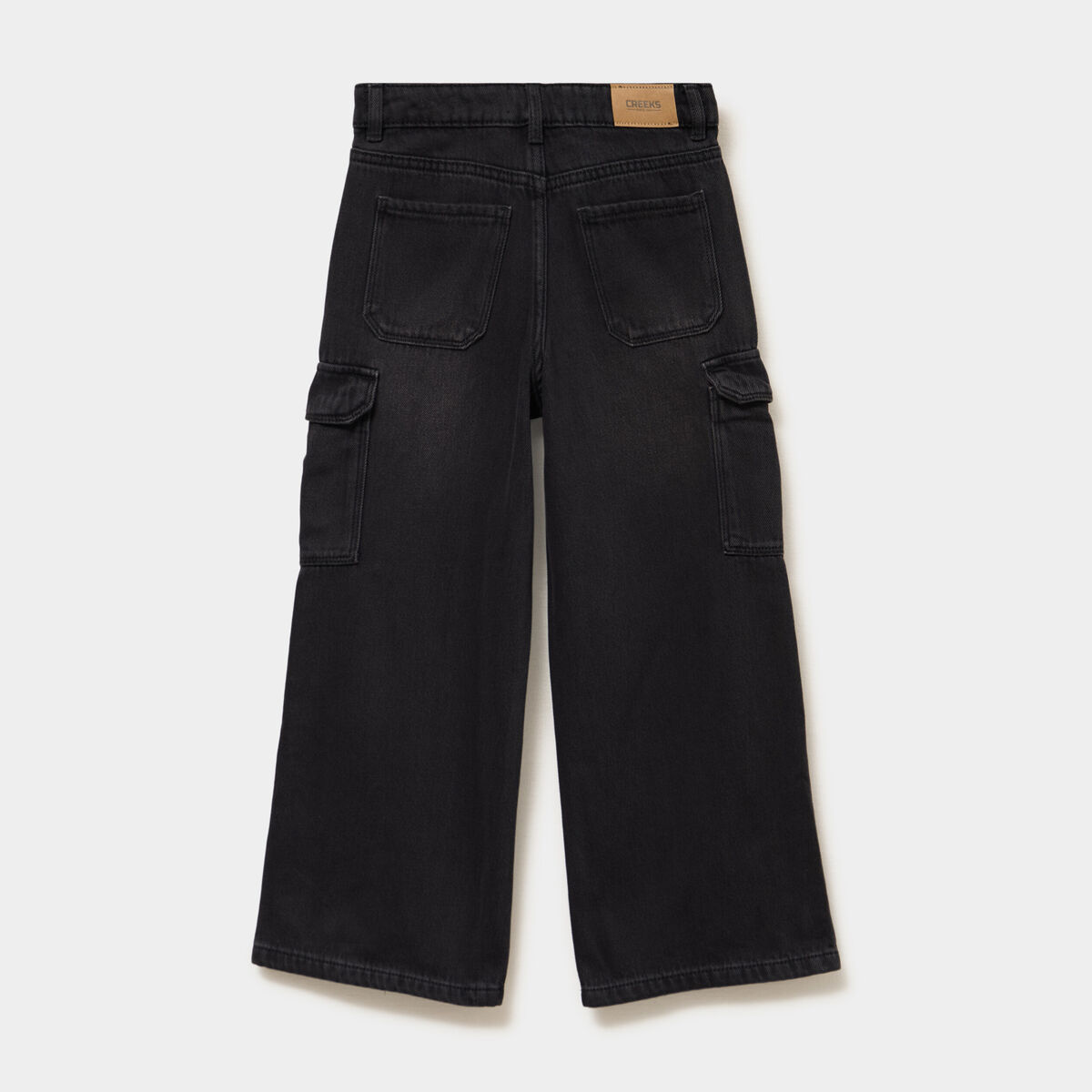 Jean large cargo poches &agrave; rabat coton denim noir fille