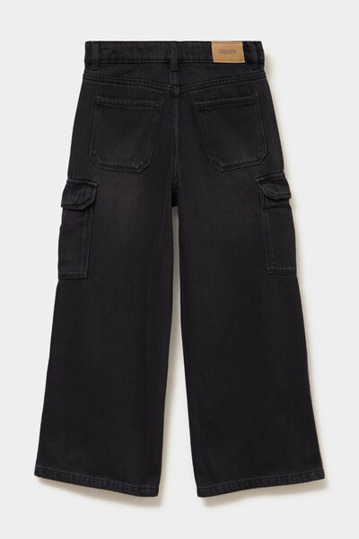 Jean large cargo poches &agrave; rabat coton denim noir fille