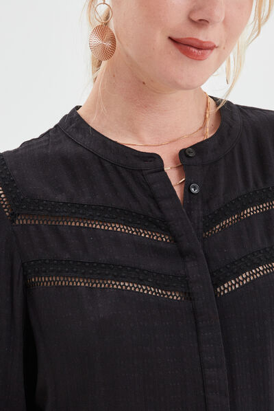 Blouse bandes ajourées col mao Liberto noir femme