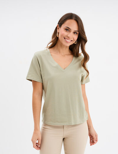 T-shirt manches courtes col en V coton vert kaki femme