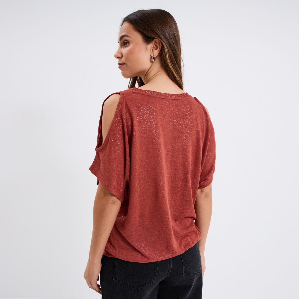T-shirt épaules ouvertes col en V marron cognac femme
