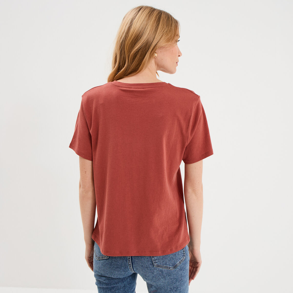 T-shirt col rond manches courtes coton vieux rose femme