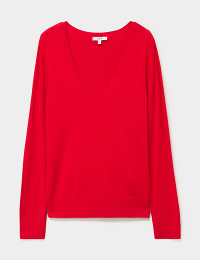 Pull col en V manches longues rouge femme