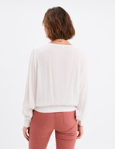Blouse col en V taille smockée blanc femme
