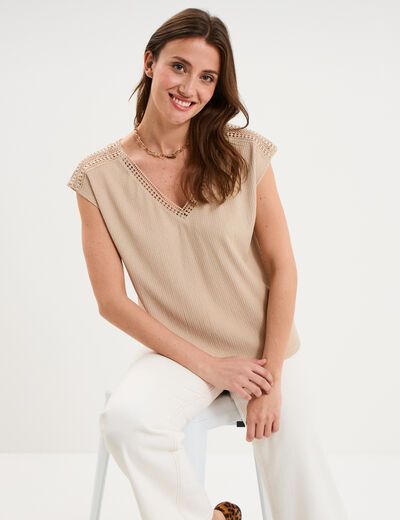 T-shirt col en V manches courtes beige femme