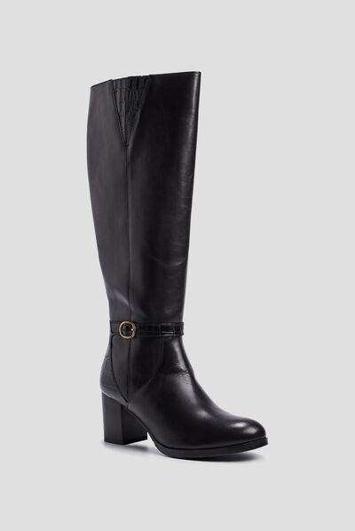 Bottes en cuir à talons et boucles noir femme