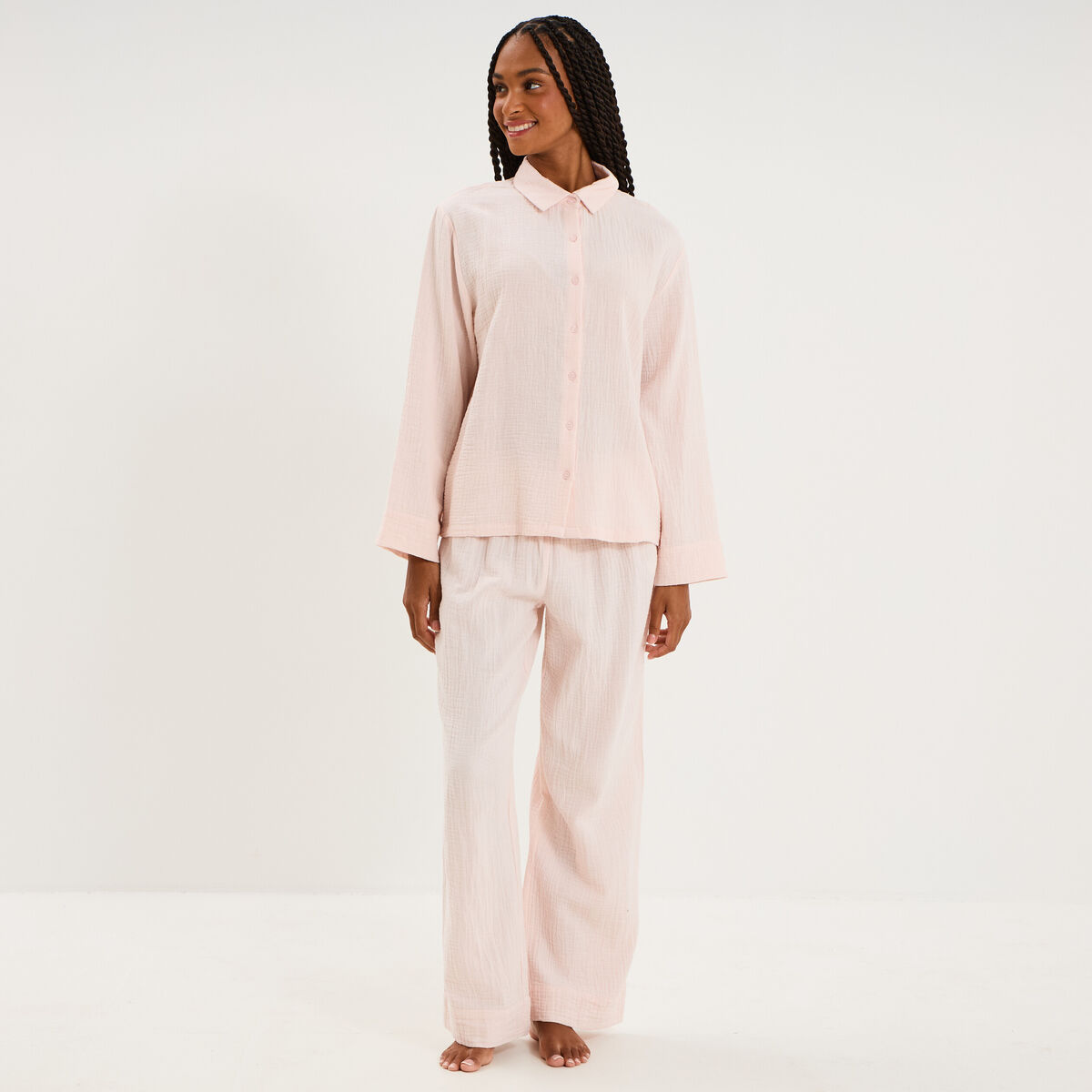 Ensemble pyjama chemise gaze de coton rose clair femme
