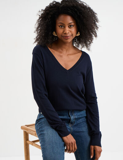 Pull col en V manches longues bleu marine femme