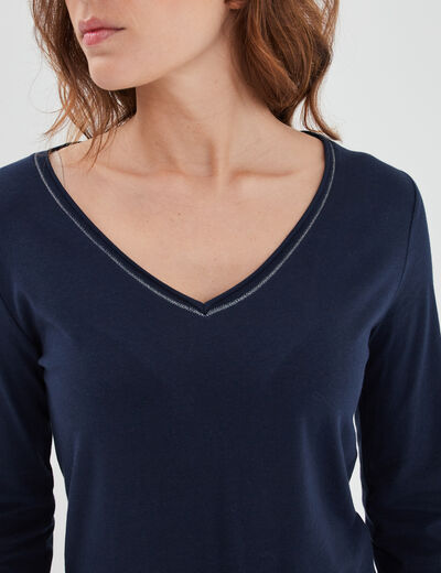 T-shirt manches longues col en V coton bleu marine femme