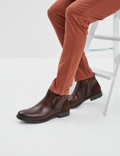 Bottines chelsea en cuir zipp&eacute;es marron homme