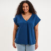 Blouse col V manches courtes m&eacute;lange lin bleu marine femme grande taille