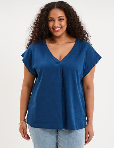 Blouse col V manches courtes m&eacute;lange lin bleu marine femme grande taille