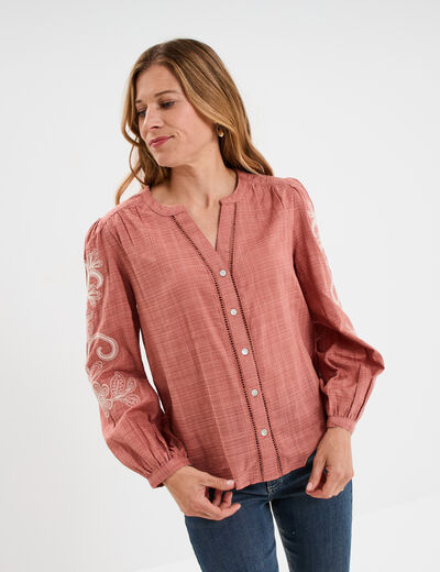 Blouse col tunisien manches brodées vieux rose femme