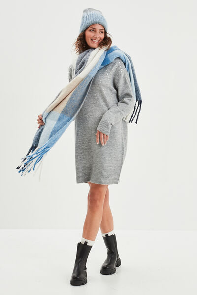 Robe pull courte avec strass gris femme