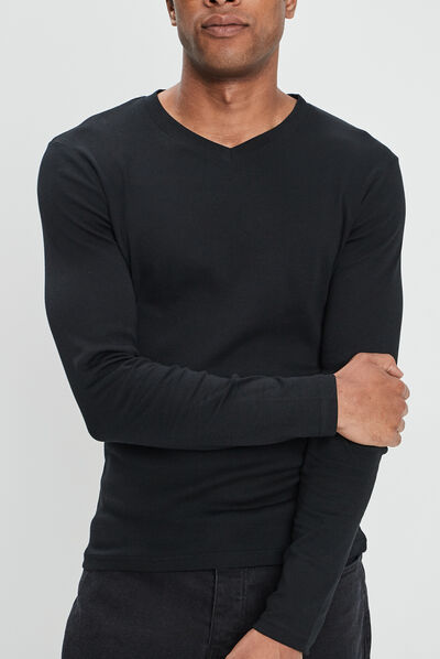 T-shirt manches longues col V noir homme