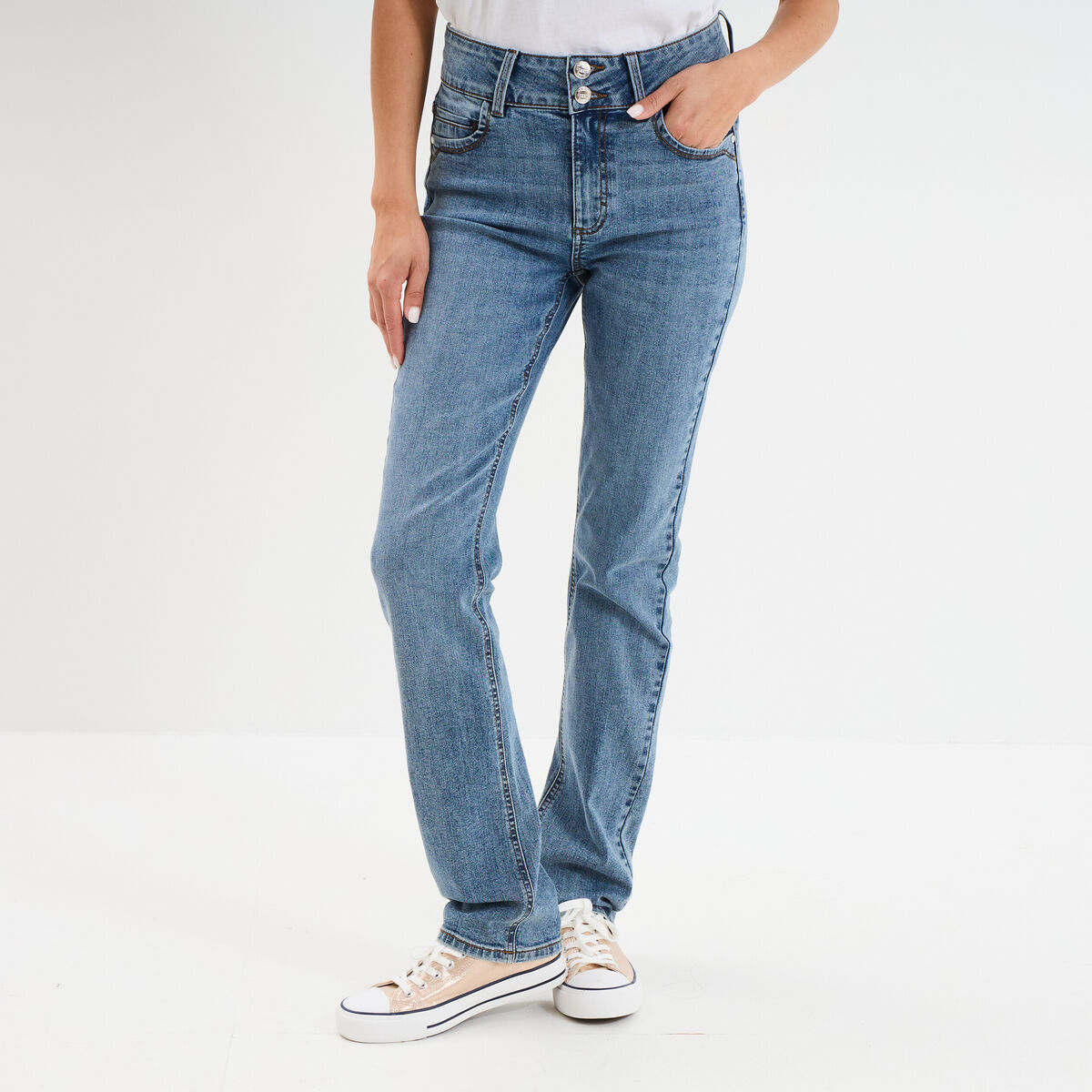 Jean denim droit en coton denim stone femme