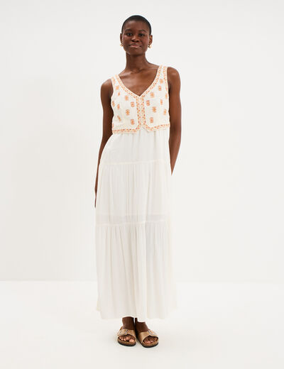 Robe longue buste brod&eacute; sans manches ecru femme