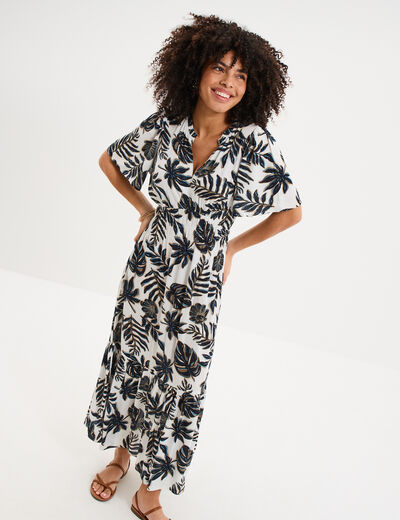 Robe longue col tunisien manches courtes ecru femme