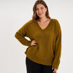 Pull droit col en V manches longues vert olive femme grande taille