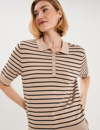 Pull col polo manches courtes beige clair femme