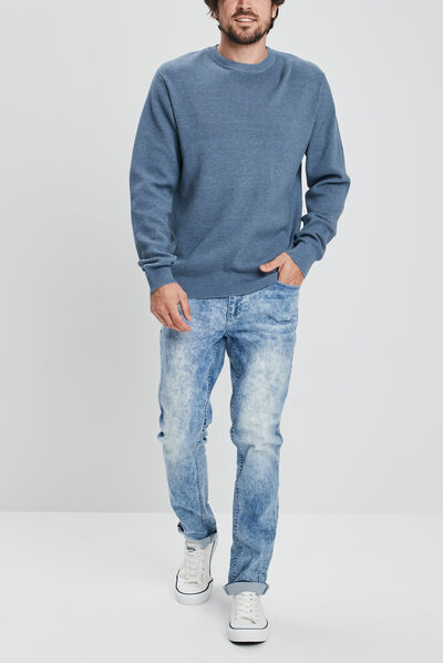 Pull avec col rond à relief bleu gris homme