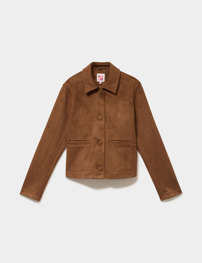 Veste paletot en su&eacute;dine boutonn&eacute;e camel femme