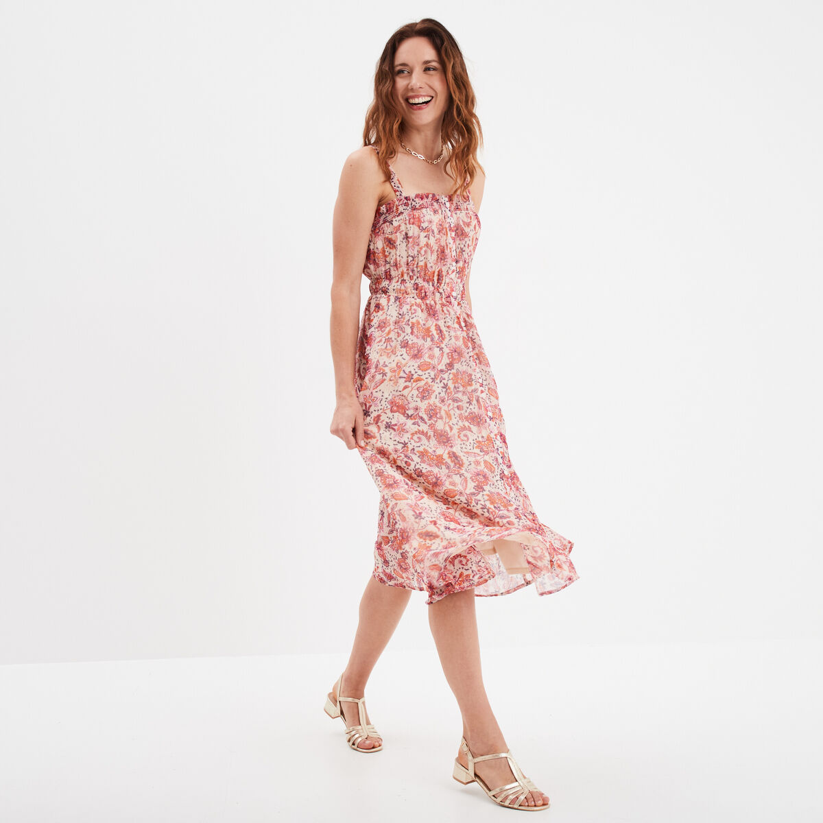 Robe midi à bretelles taille élastiquée ecru femme