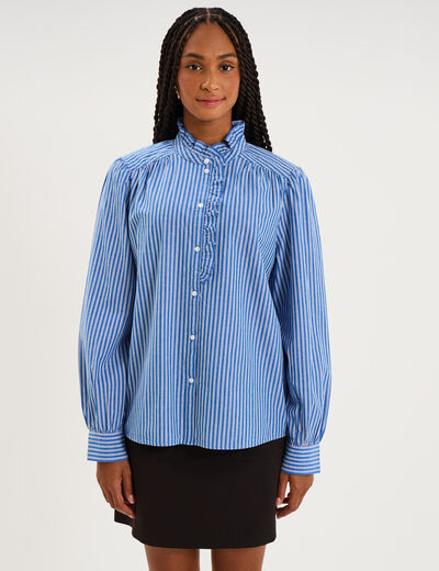Blouse col montant &agrave; volants coton bleu femme