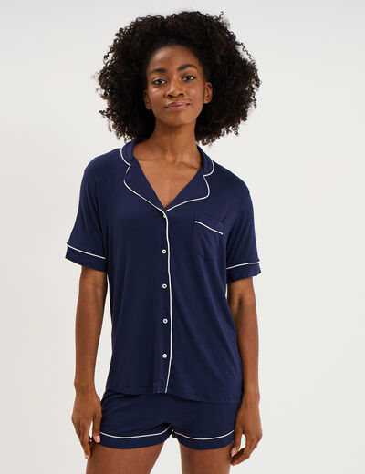 Ensemble pyjama fluide short et chemise bleu marine femme