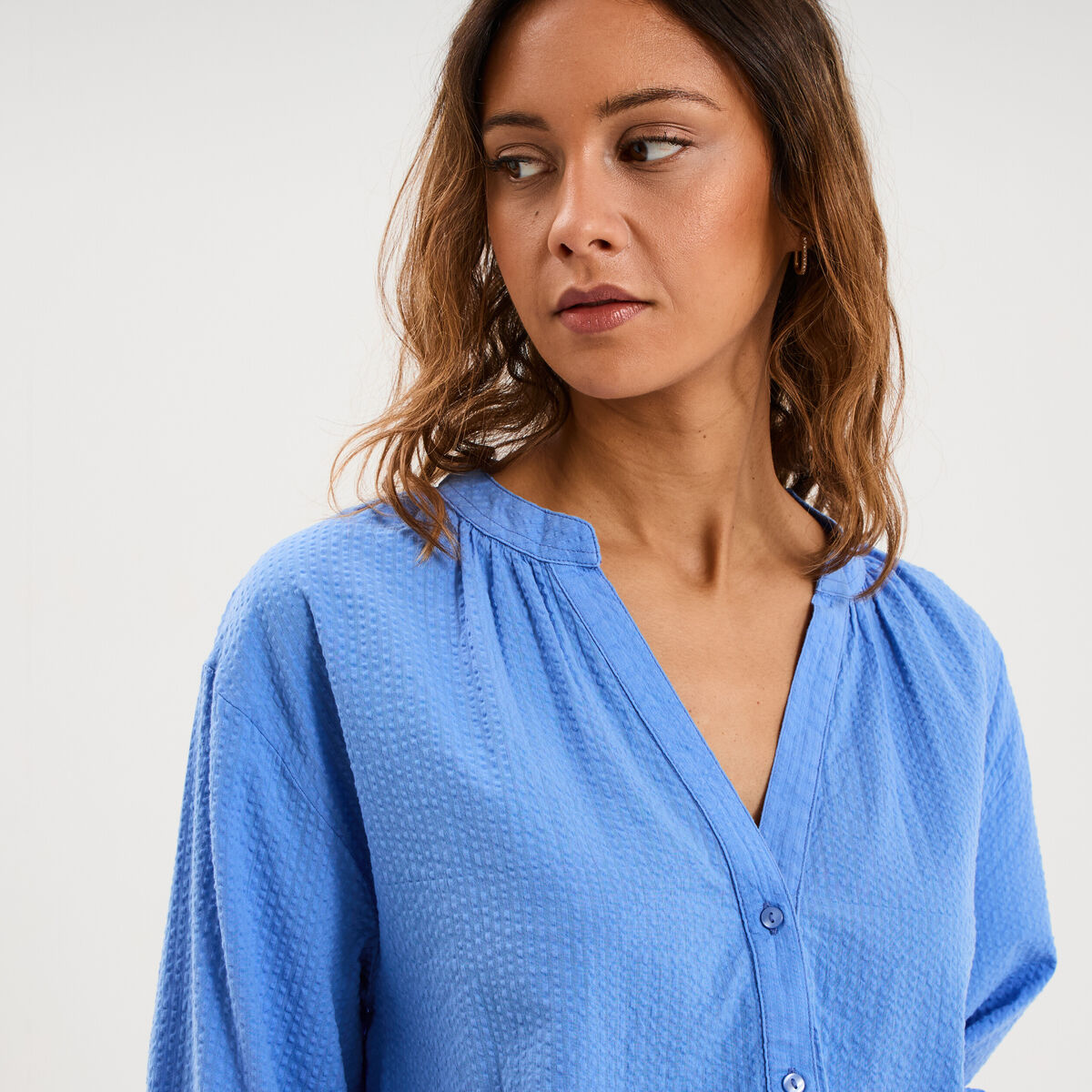 Blouse col tunisien manches 3/4 coton bleu electrique femme