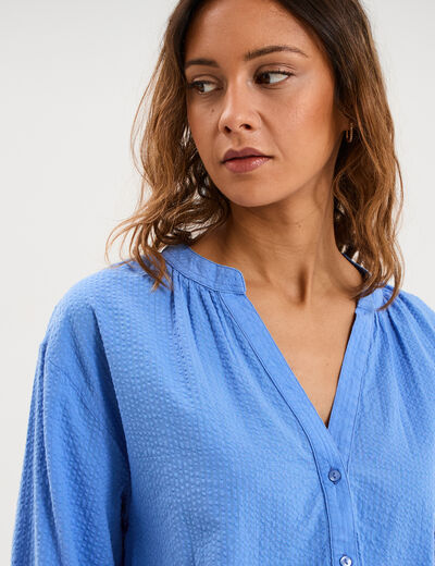 Blouse col tunisien manches 3/4 coton bleu electrique femme