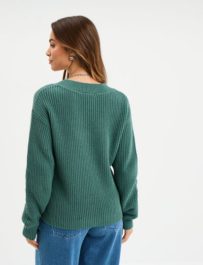 Pull col en V détails ajourés vert foncé femme