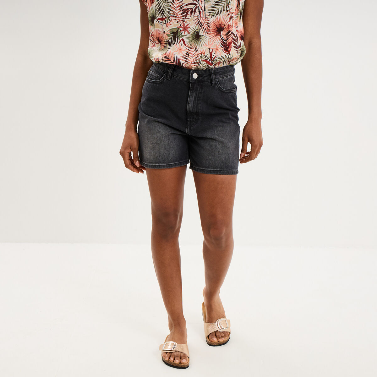 Short mom en jean 5 poches denim noir femme