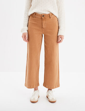 Pantalon flare 7/8ème taille haute coton beige femme