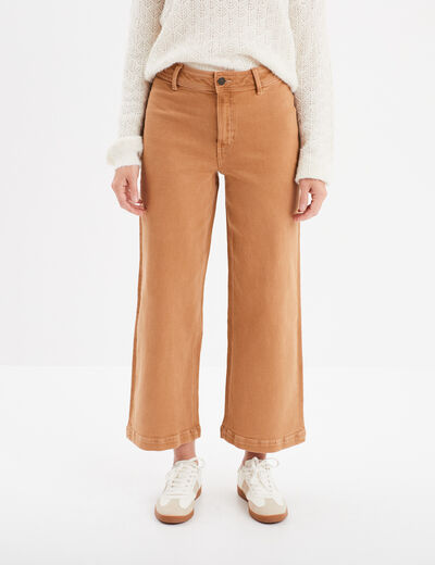 Pantalon flare 7/8ème taille haute coton beige femme