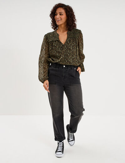 Jean paperbag cropped taille &eacute;lastiqu&eacute;e denim noir femme