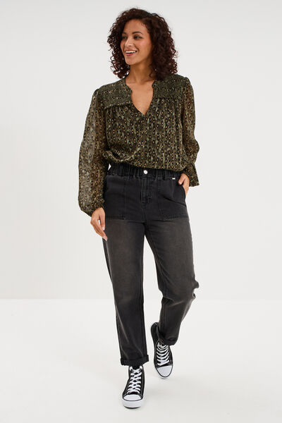 Jean paperbag cropped taille &eacute;lastiqu&eacute;e denim noir femme