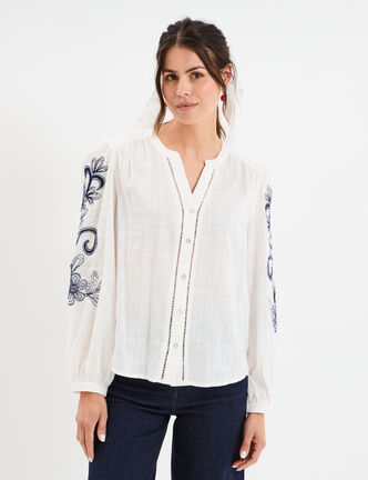 Blouse col tunisien manches brodées ecru femme