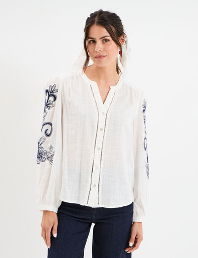 Blouse col tunisien manches brodées ecru femme