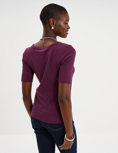 T-shirt col rond manches courtes coton prune femme