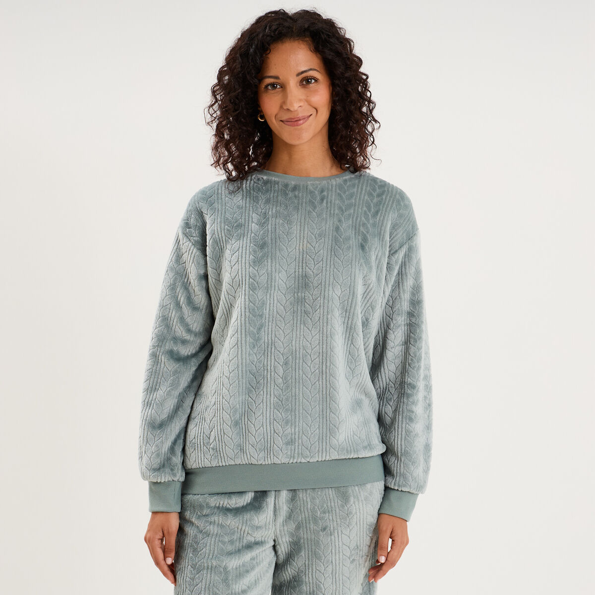 Haut de pyjama sweat polaire torsad&eacute; bleu gris femme