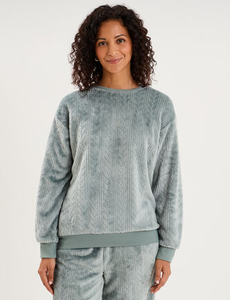 Haut de pyjama sweat polaire torsad&eacute; bleu gris femme