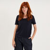 Pull col rond textur&eacute; manches courtes bleu fonc&eacute; femme