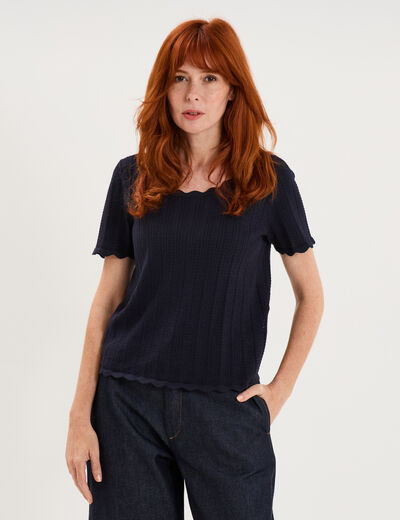 Pull col rond textur&eacute; manches courtes bleu fonc&eacute; femme
